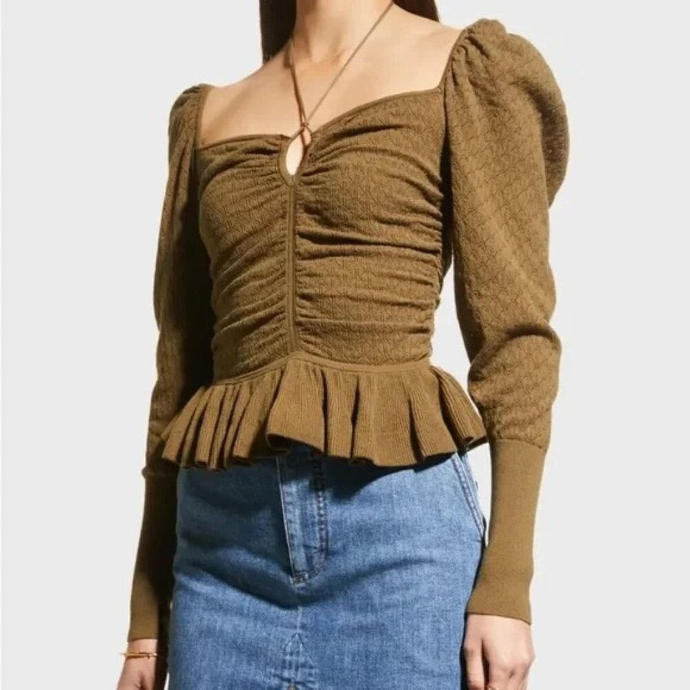 Ulla Johnson Pointelle Knit Leland Puff Sleeve Top Size Large Khaki Green Large